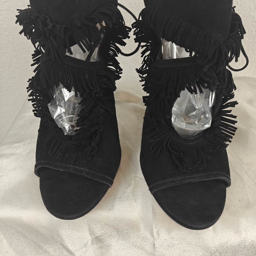Aquazzura Sexy Fringe 105 Black Suede Cutout Sandal Heels 37.5/7.5 Women's - Picture 5 of 15